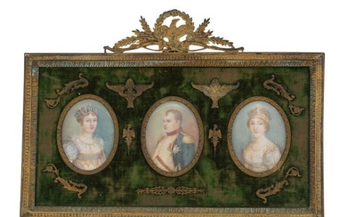Three Napoleonic Portrait Miniatures in a Gilt Bronze Frame