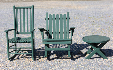 Three Pieces of Green Painted Wood Outdoor Furniture