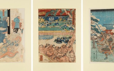 Three mid 19th century Japanese woodblock prints by Kuniyoshi...