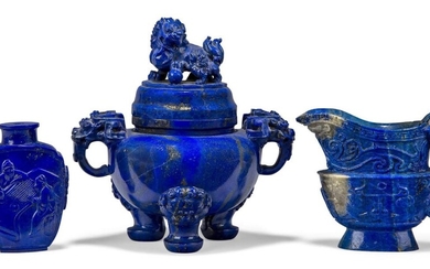 Three pieces of Chinese carved lapis lazuli, 18th/19th century, comprising a snuff bottle carved in low relief with two scholars playing wei qi to one side, and a scholar admiring a scroll painting to the other, 6cm high, an archaistic pouring...