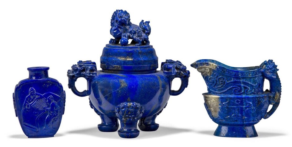 Three pieces of Chinese carved lapis lazuli, 18th/19th century, comprising a snuff bottle carved in low relief with two scholars playing wei qi to one side, and a scholar admiring a scroll painting to the other, 6cm high, an archaistic pouring...