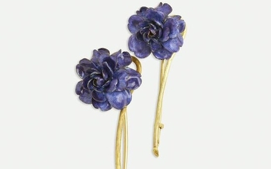 Tiffany & Co., Pair of purple enamel flower brooches