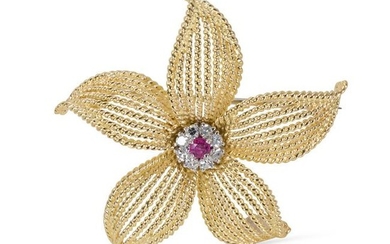 Tiffany & Co. Vintage Diamond and Ruby Flower Pin 0.25