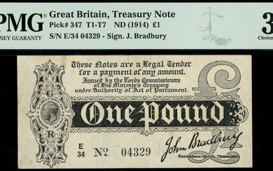 Treasury Series, John Bradbury, first issue £1, ND (7 August 1914), serial number E/34 04329, (...