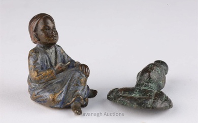 Two Antique Bronze Figures, Seated Boy and Bust