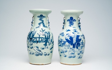 Two Chinese blue and white celadon ground vases with an Immortal and his servants in...