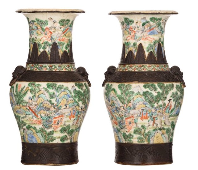 Two Chinese crackleware ground famille verte Nanking vases,...