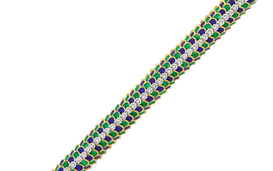 Two-Color Gold, Blue and Green Enamel and Diamond Dome Bracelet
