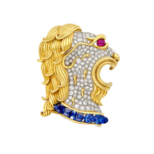 Two-Color Gold, Diamond, Sapphire and Ruby Lion Clip-Brooch, France