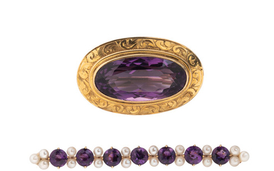 Two Gold and Amethyst Brooches