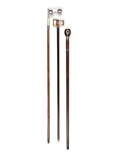 Two Mother-of-Pearl and Brass Mounted Opera Glass Mounted Walking Sticks