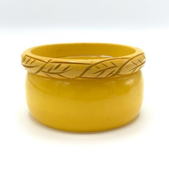 Two Yellow Bakelite Bangles Bracelets Incld Carved