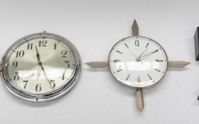 Two chrome mid 20th Century wall clocks, brass Garrard mantle...