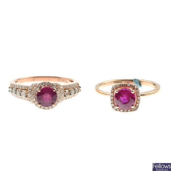 Two glass-filled ruby and diamond cluster rings.