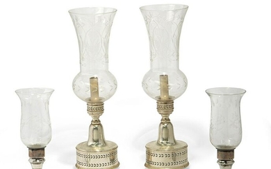 Two pairs of silverplated & glass hurricane lamps
