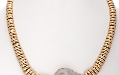 Two-tone gold choker with diamonds, sapphires and mother-of-pearl.
