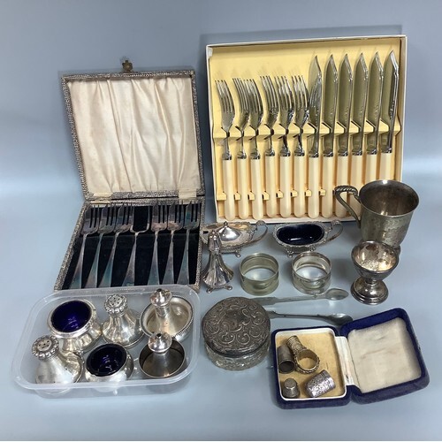 Two various pairs of silver condiments together with some ot...