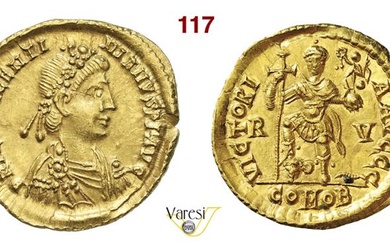 VALENTINIANO III (426-430) Solido, Ravenna D/ Busto diademato, drappeggiato e...