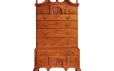 VERY FINE QUEEN ANNE CARVED AND FIGURED MAPLE SCROLL-TOP HIGH CHEST OF DRAWERS, NEW ENGLAND, CIRCA 1770