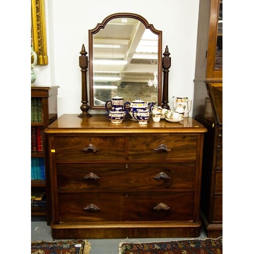 VICTORIAN MAHOGANY LOW DRESSING CHEST WITH MIRROR BACK. 108c...