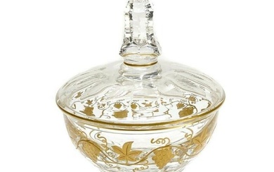 Val Saint (St.) Lambert Stemware Glass Footed Lidded Bowl in Pampre D' Or