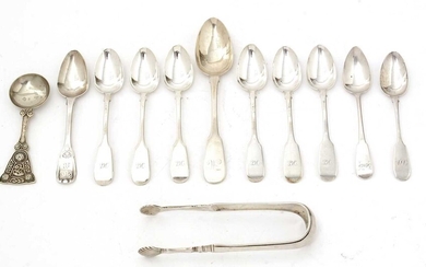 Various Scottish spoons and sugar tongs.