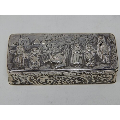 Victorian Silver Snuff Box with Embossed Village Scene: Hall...