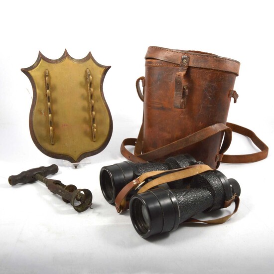 Victorian corkscrew; whip stand and binoculars.