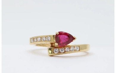 Vintage 18K Yellow Gold Bypass Snake Ruby and Diamond Ring...