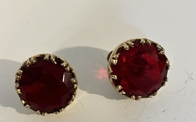Vtg. Signed Accessocraft NYC Red Rhinestone Gold tone Clip on Earrings