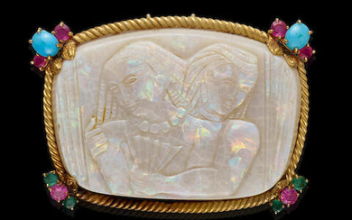 White Opal Carving of Two Egyptian Figures with Turquoise and Ruby