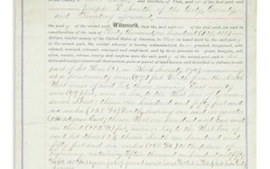 YOUNG, BRIGHAM. Partly-printed Document Signed, deed of sale transferring to his nephew Joseph...