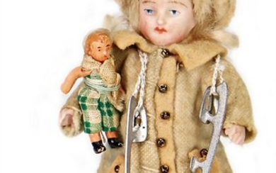 dollhouse doll, child with ice-scates and doll, 9 cm