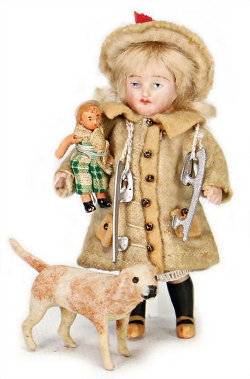 dollhouse doll, child with ice-scates and doll, 9 cm