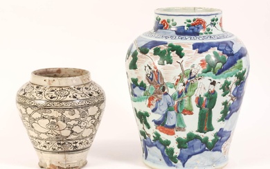 iGavel Auctions: Chinese Porcelain Wucai Jar with Scholars in a Landscape, 17th Century & a Cizhou Type Jar AFR3SHLM