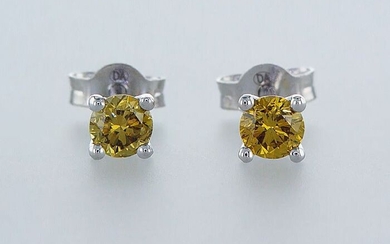 no reserve price - 14 kt. White gold - Earrings - 0.45 ct Diamonds - fancy vivid greenish yellow