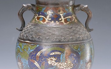 vase, Japan, around 1870, brass body, polychrome Champleve-handcraft...