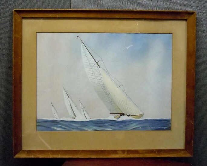 LEON HAFFNER FRENCH SAILBOAT IN REGATTA PAINTING FRANCE