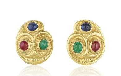 David Webb Sapphire Ruby and Emerald Earrings