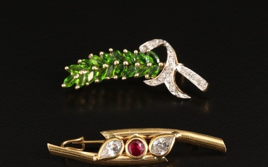 10K Diopside and Diamond Spray Brooch with 18K Ruby and Cubic Zirconia Brooch
