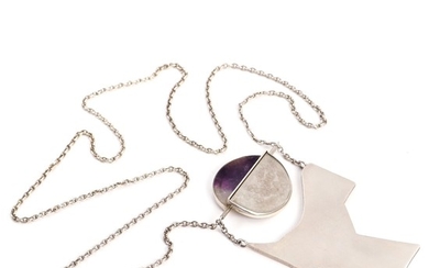 Bent Knudsen, Robert Jacobsen: Amethyst necklace set with polished amethyst, mounted in sterling silver. Design no. 3. Pendant L. 11.5. Chain L. 88 cm.