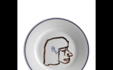 Jean-Michel Basquiat ( New York 1960 - 1988 ) , "Mariuccia" 1983 marker on porcelain, El Toula' s plate diam. 17.5 cm Signed and dedicated "to Mariuccia" to the reverse...