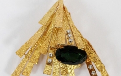 18KT YELLOW GOLD DIAMOND OVAL TOURMALINE PIN PENDANT 25 GRAMS