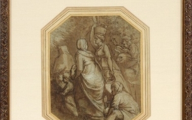 ATTRIBUTED TO POLIDORO DA CARAVAGGIO PEN SEPIA WASH DRAWING 16TH C. 10 GROUP OF FIGURES STANDING SEATED WITH URNS