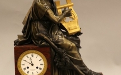 B. MARCHAND FRENCH BRONZE MARBLE FIGURAL MANTLE CLOCK 19TH C. 31 22 10