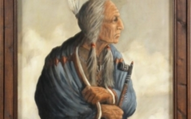 BRUCE ROTHFUSS USA 20TH 21ST C. OIL ON PANEL 1981 PANEL SIZE 30 22 STANDING ELDERLY INDIAN HOLDING PEACE PIPE