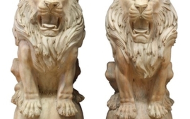 CARVED MARBLE SEATED LIONS 20TH CENT. PAIR 50.5 20 21