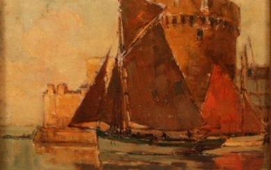 ERNEST GERMAIN VAUTHRIN FRENCH 1878 1949 OIL ON BOARD SAILING BOATS LA ROCHELLE