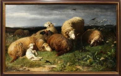 JOHANN BAPTIST HOFNER GERMAN 1832 1913 OIL ON CANVAS C. 1865 28 49 SHEEP