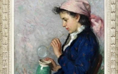 REIZES MOLNAR LOFOS HUNGARIAN 20TH C. OIL ON CANVAS 30 24 LADY BLOWING BUBBLES